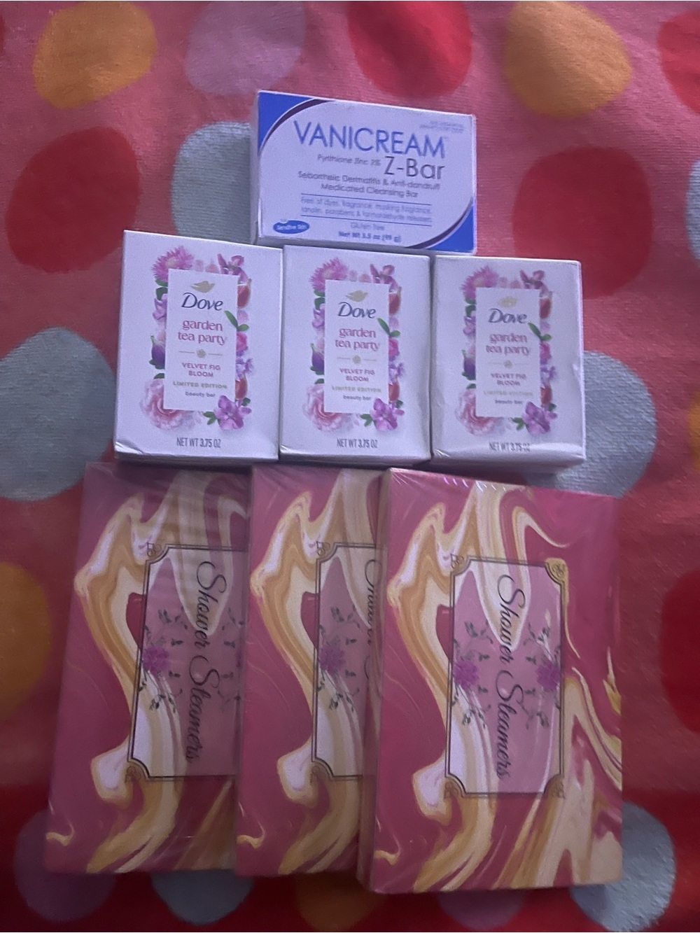 7pc bundle, Dove single Bar Soaps, 3 pk shower steamers,vanicream anti dandruff